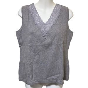 Laura Ashley Lace Trim V-Neck Gray Tank